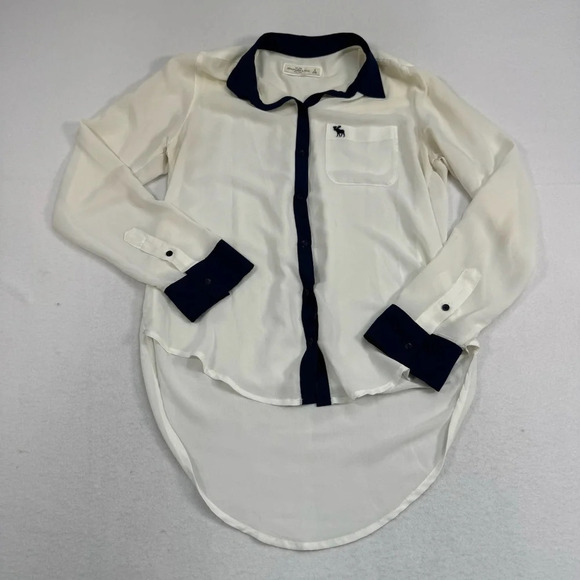 Abercrombie And Fitch Sheer Button Up Blouse Womens SZ Small Ivory Blue Collard - Picture 1 of 6